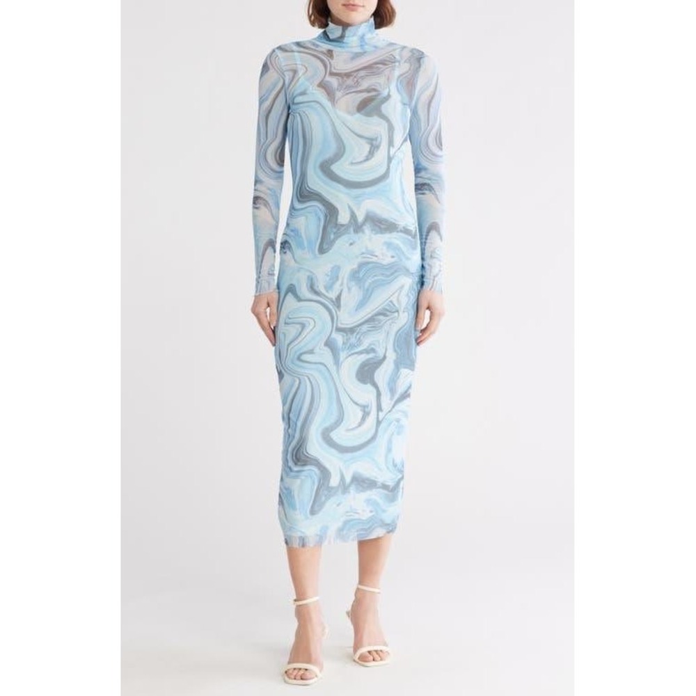 AFRM Shailene Mesh Midi Dress Blue Marble Swirl Turtleneck Bodycon Size S